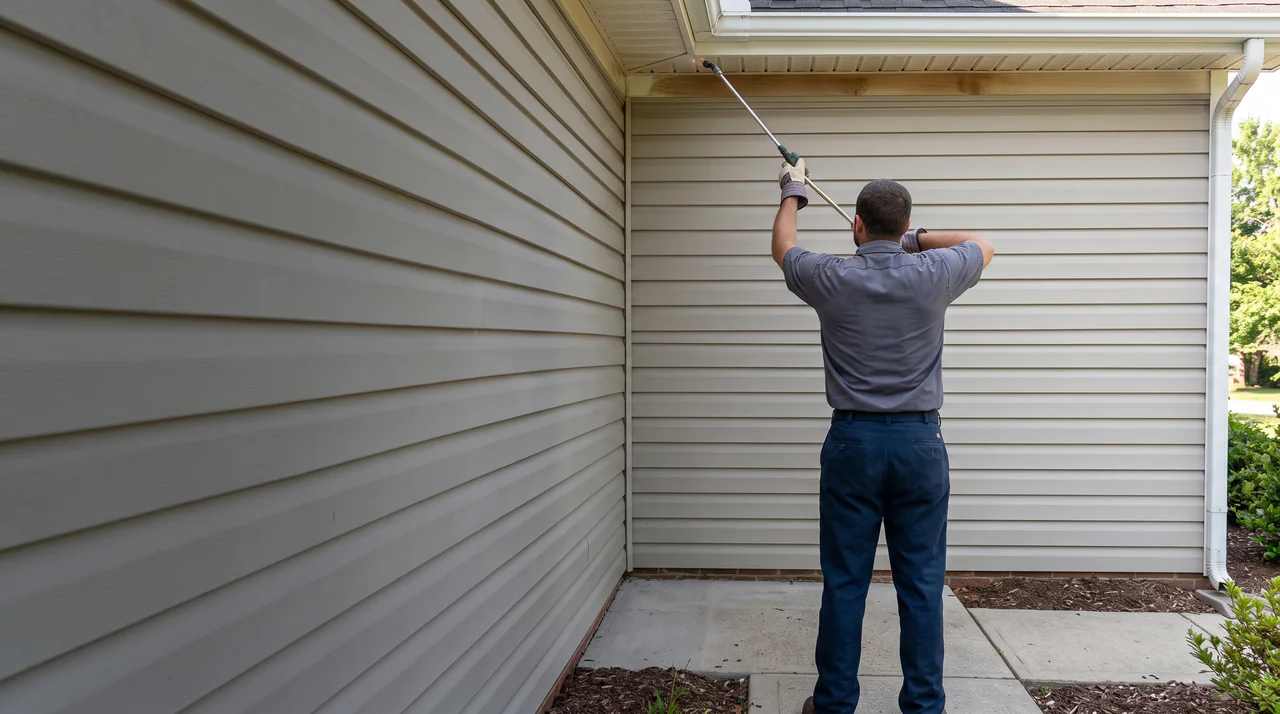 Illustration of a technician applying barrier spray treatments to house eaves.