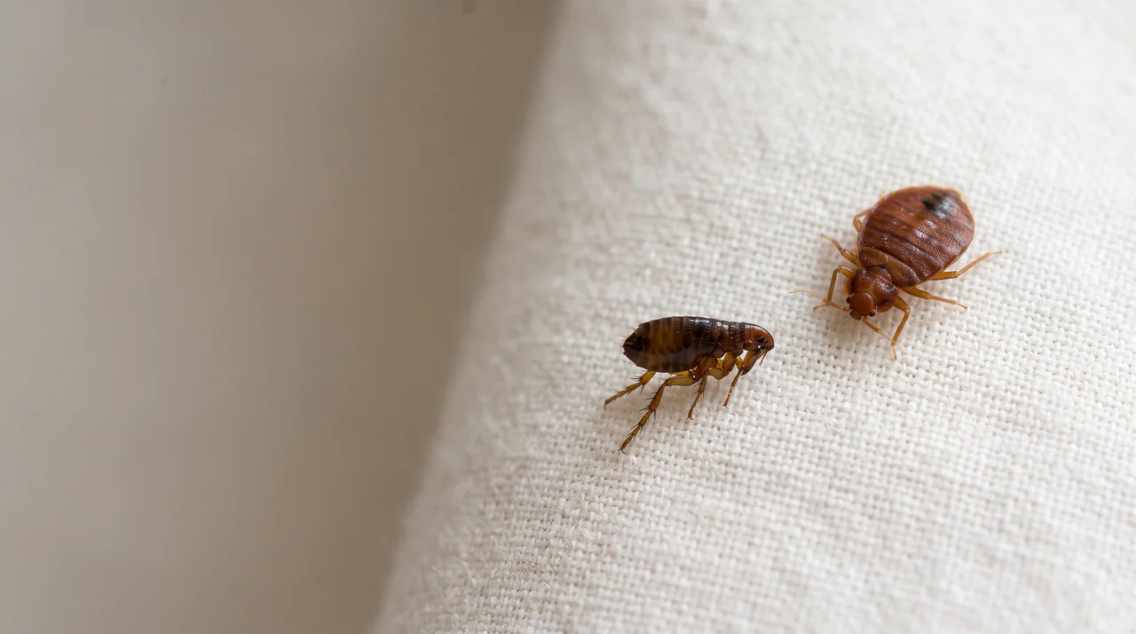 Illustration of the visual difference between a bed bug and a flea on a light fabric.