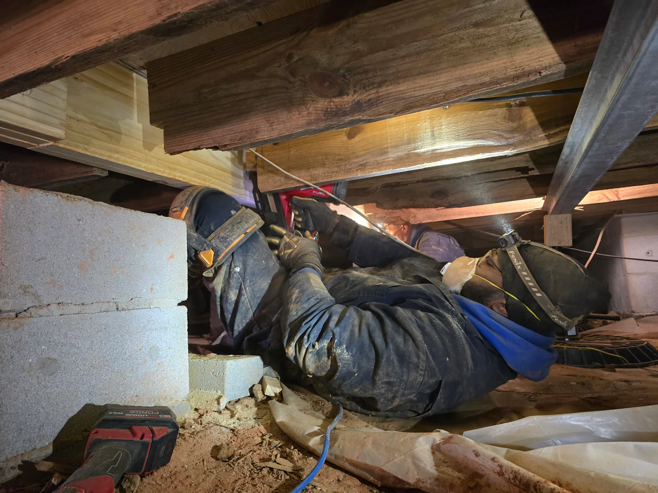 Rozier Pest Control & Waterproofing crew installing new support posts and sister joists in a crawl space for structural repair.