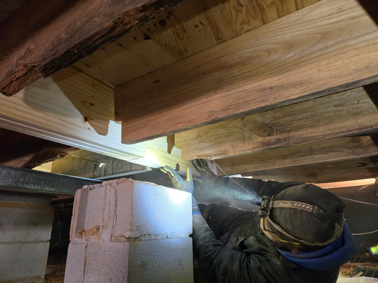 Rozier Pest Control & Waterproofing technician repairing broken floor joists and beams in a dark crawl space.