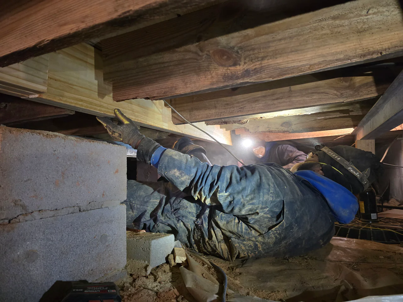 Rozier Pest Control & Waterproofing technician installing new wood beams for structural support in a tight crawl space.